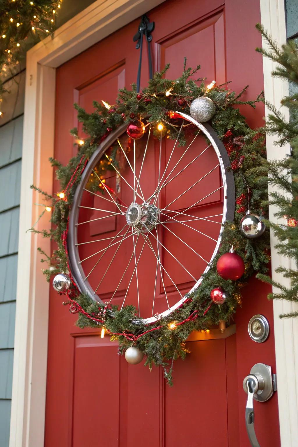 A holiday-themed bicycle wreath with lights and ornaments, ready for the festive season.