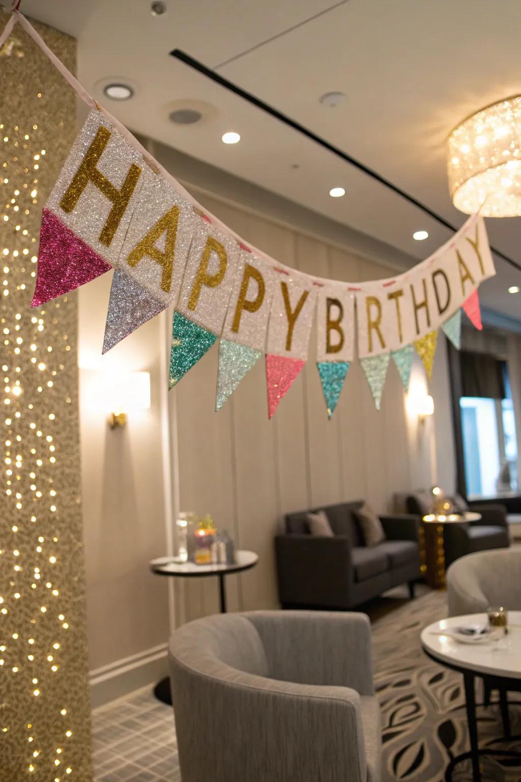 A custom glittery birthday banner displayed in a stylish room.