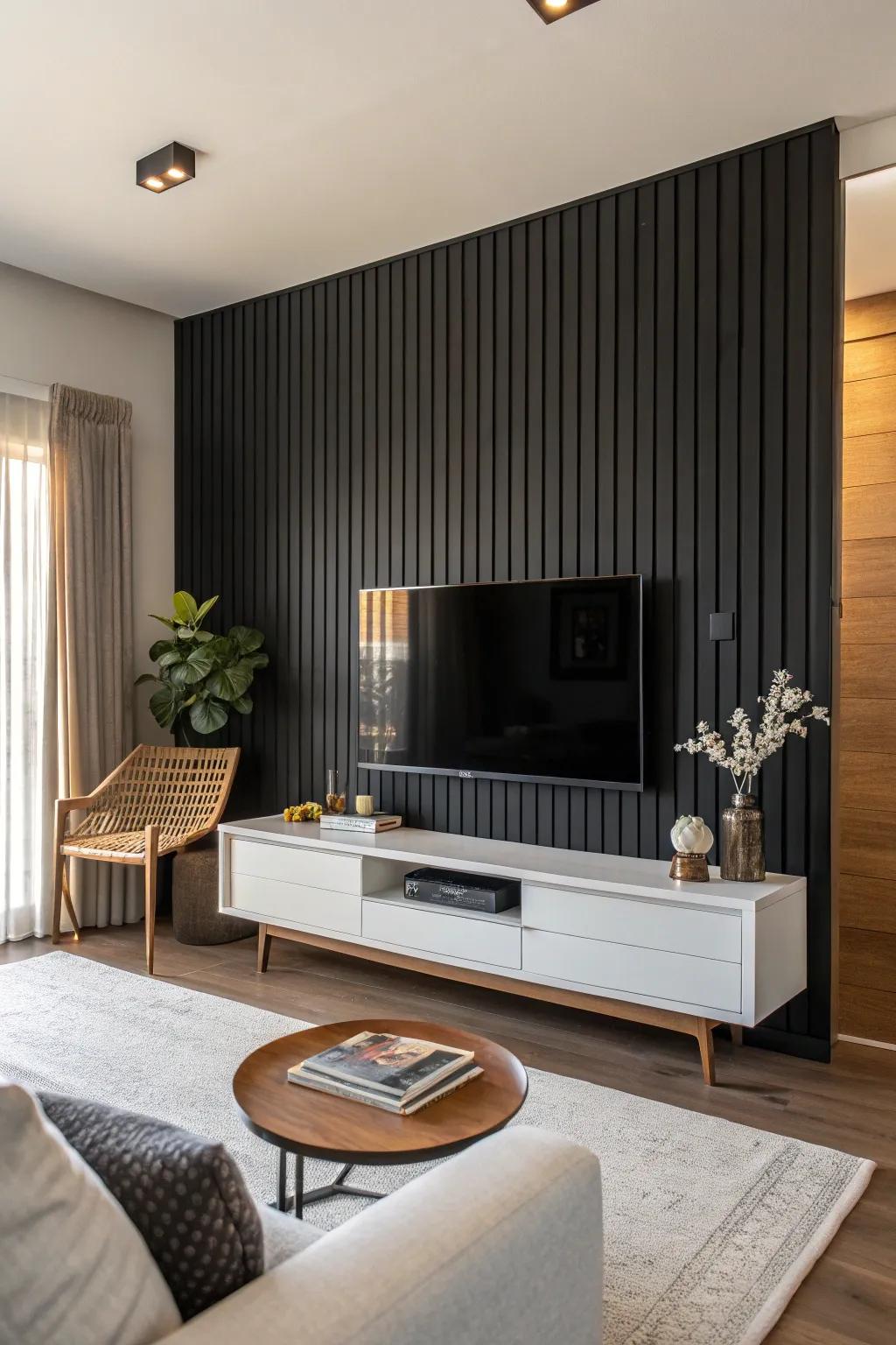 Black wood slats add texture and warmth to a modern space.