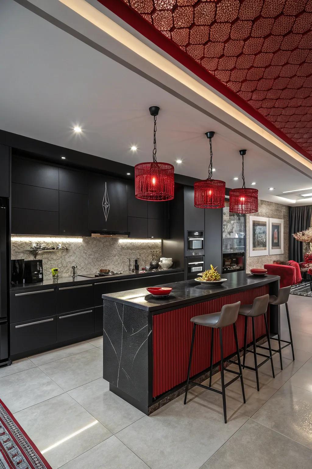 Modern pendant lighting enhances the black and red kitchen theme.