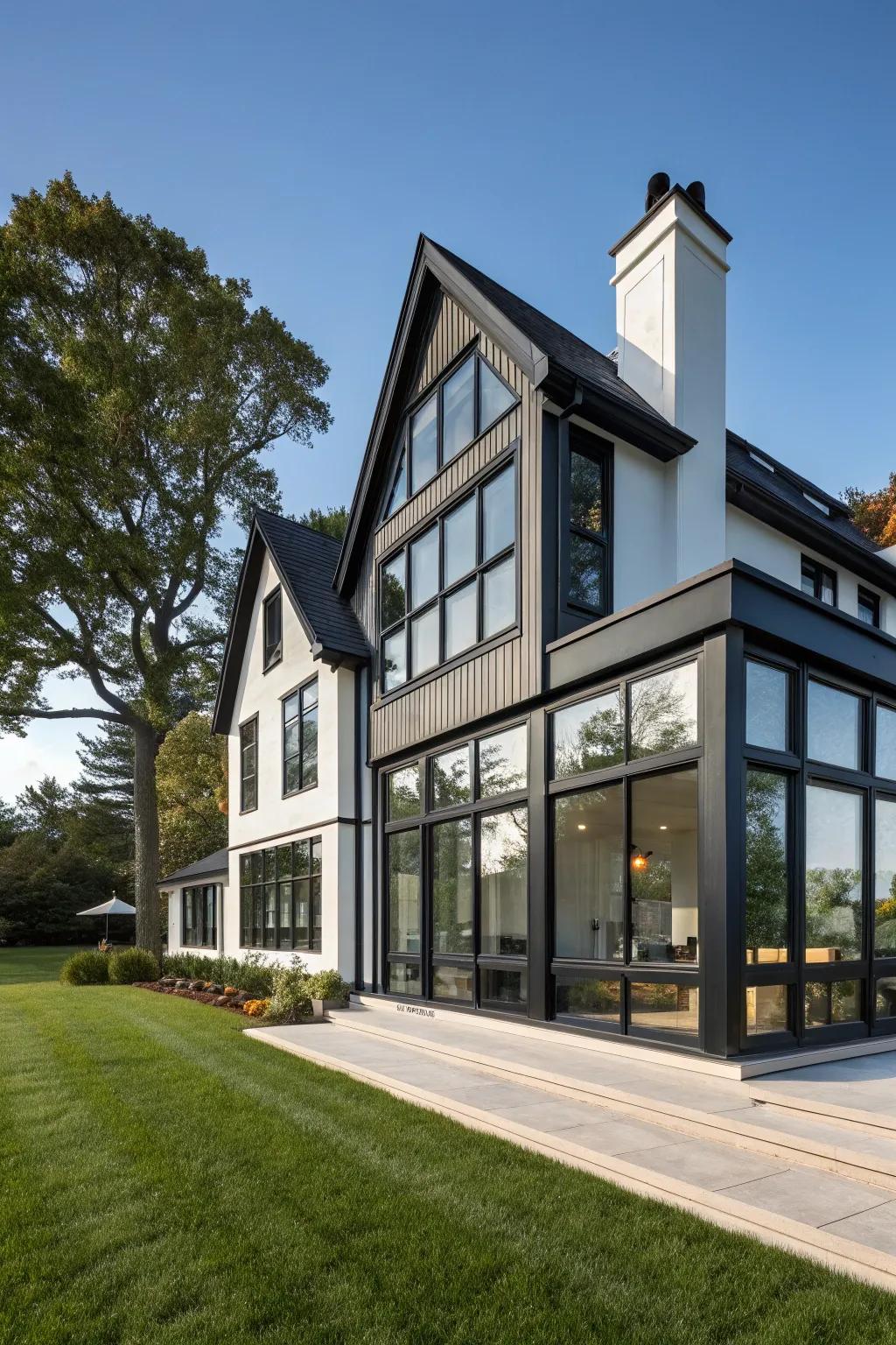 A contemporary home with large windows and striking black trims.