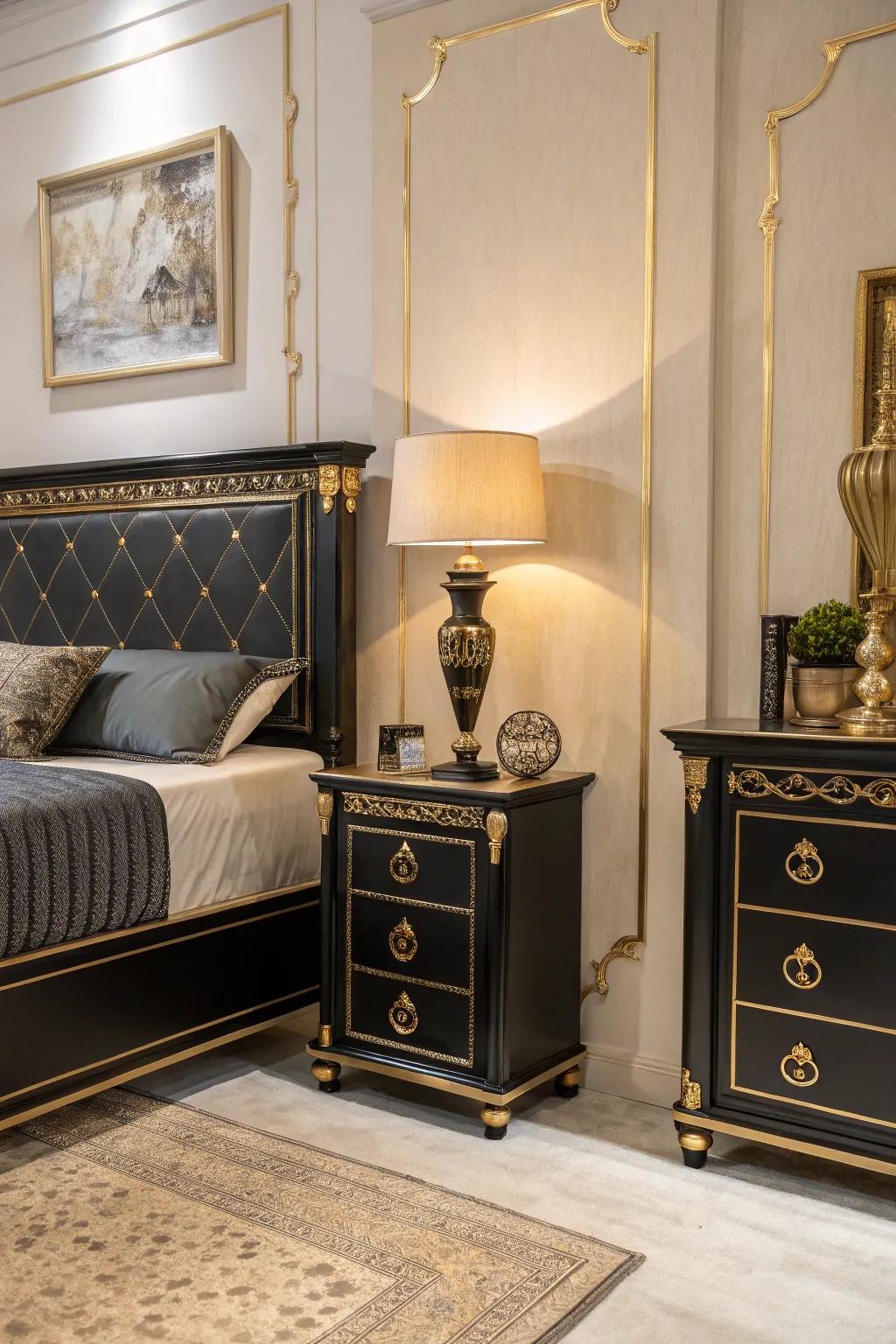 Glamorous gold accents complement the black furniture in this elegant bedroom.