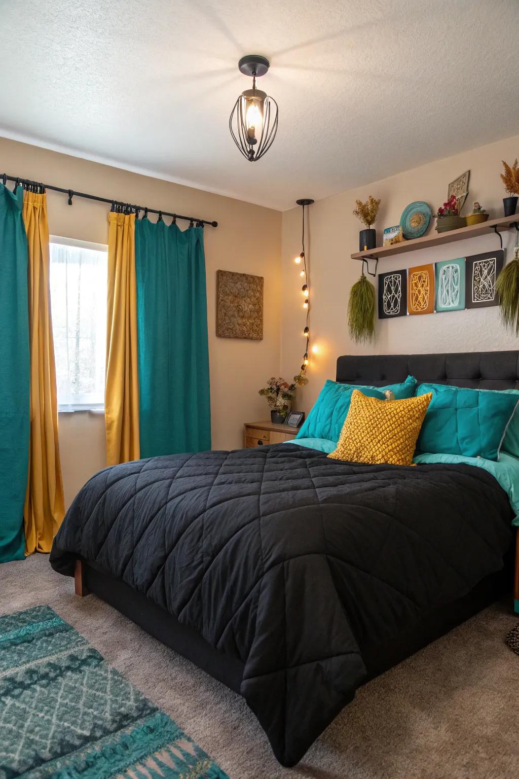 A lively bedroom with colorful accents popping against a black comforter.