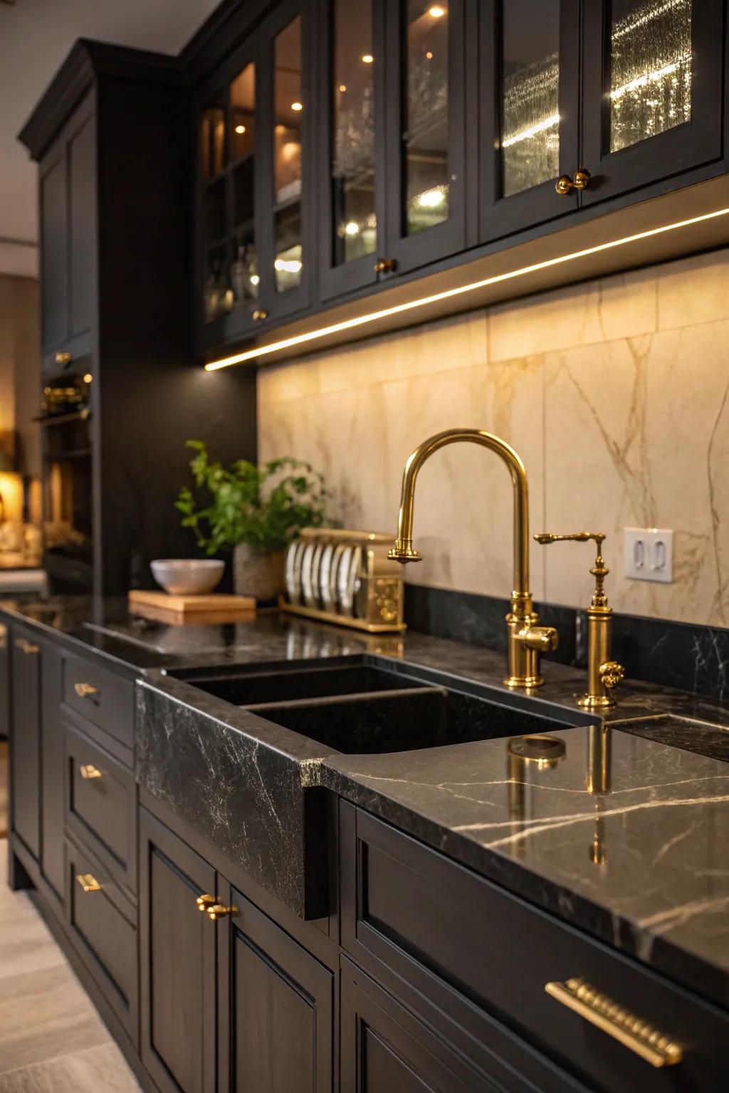 Brass fixtures enhance the elegance of black countertops.