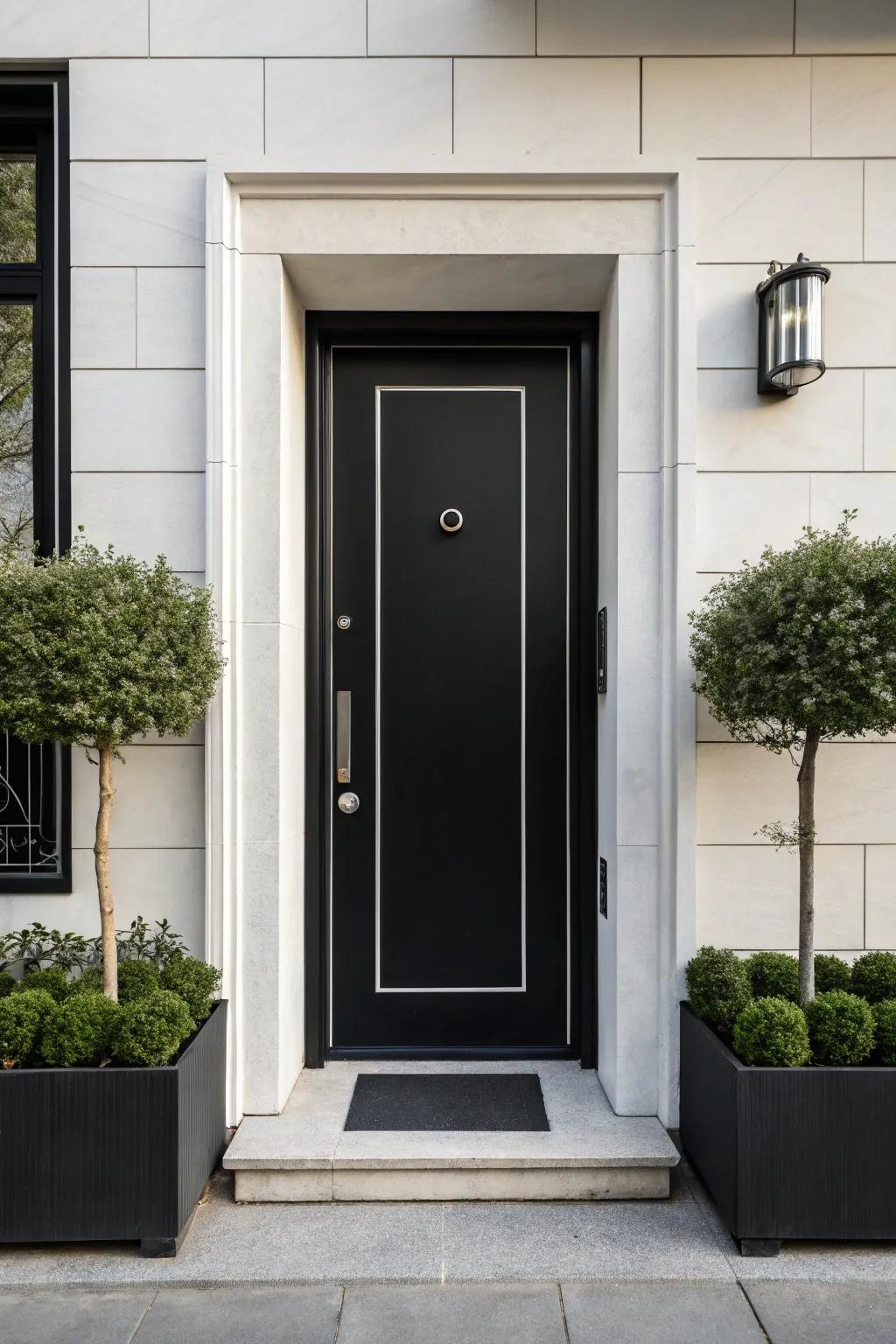 A modern black door with minimalist white trim complements contemporary architecture.