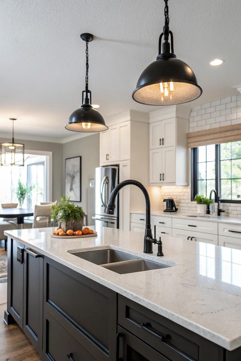 Striking pendant lights work in harmony with a sleek black faucet in this kitchen.