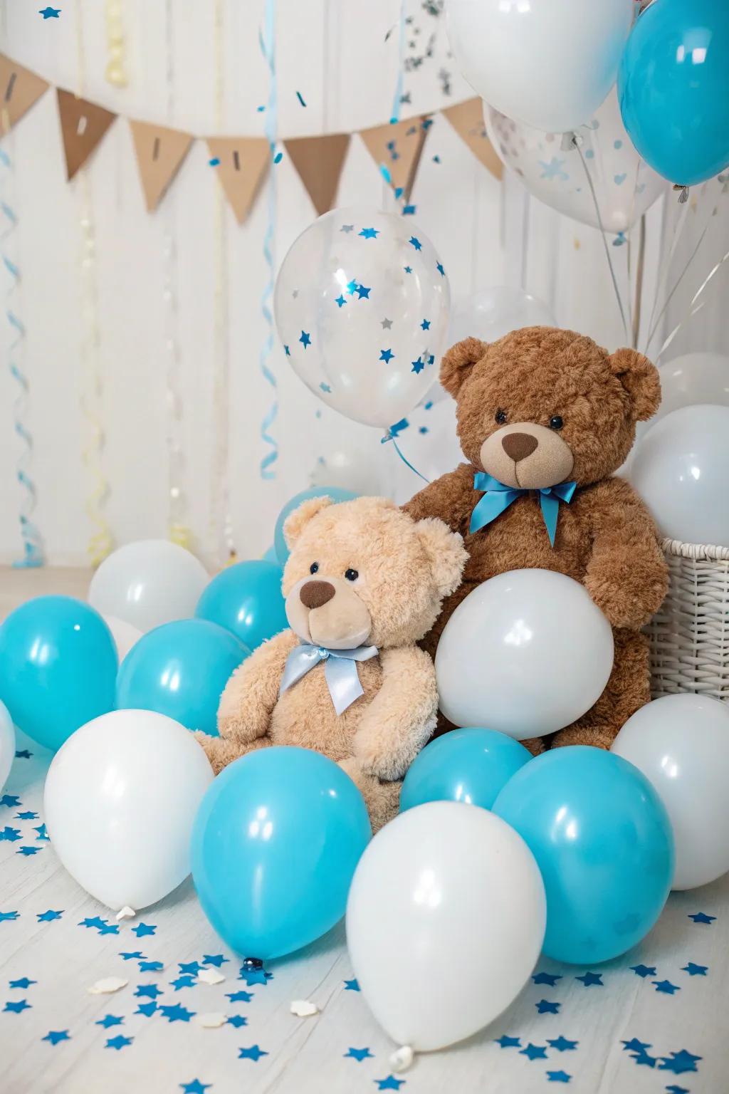 Add a touch of whimsy with teddy bears among the balloons.