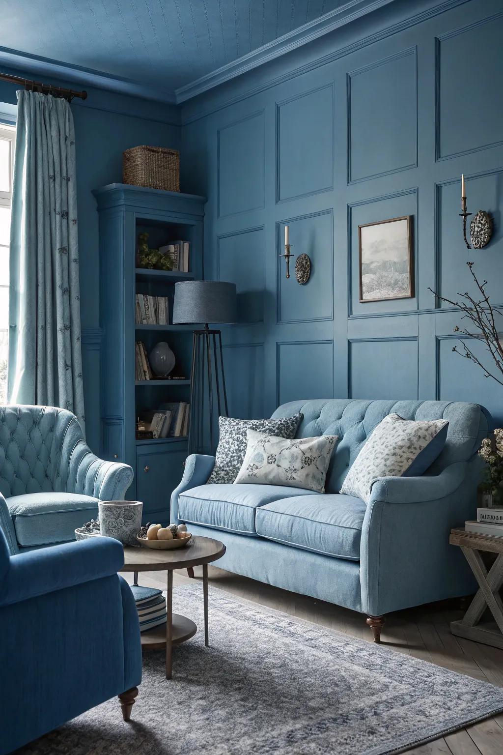 A harmonious monochromatic blue living room setting.