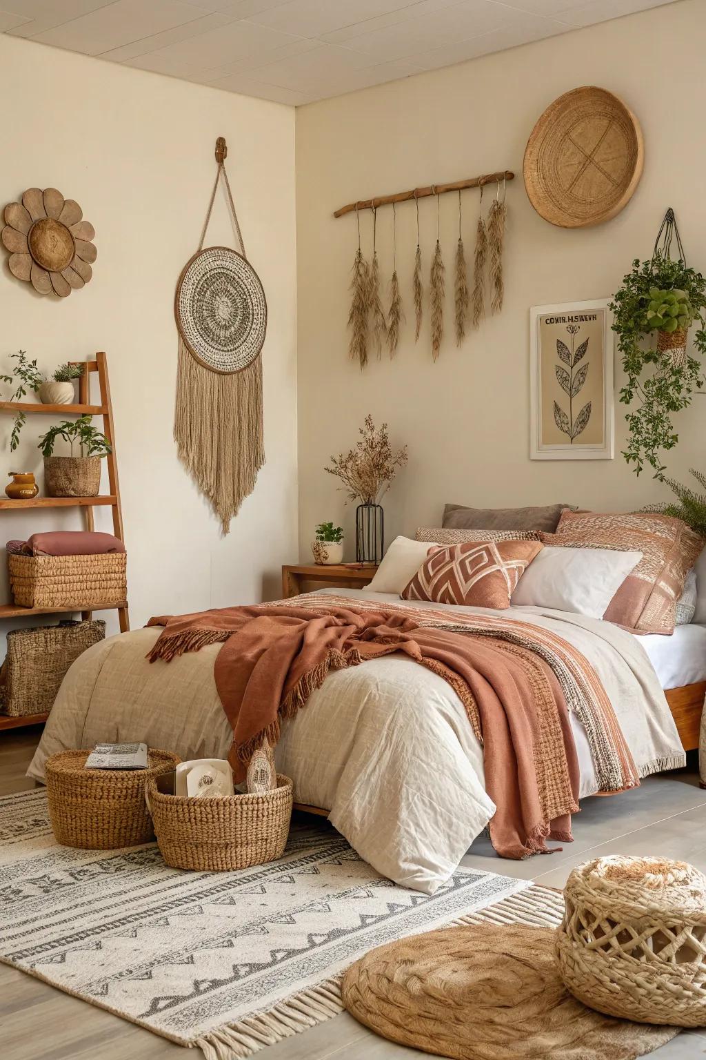 Neutral and earthy colors create a serene atmosphere in this boho bedroom.