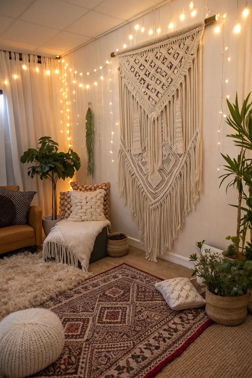 Macrame wall hangings add texture and personality to the space.