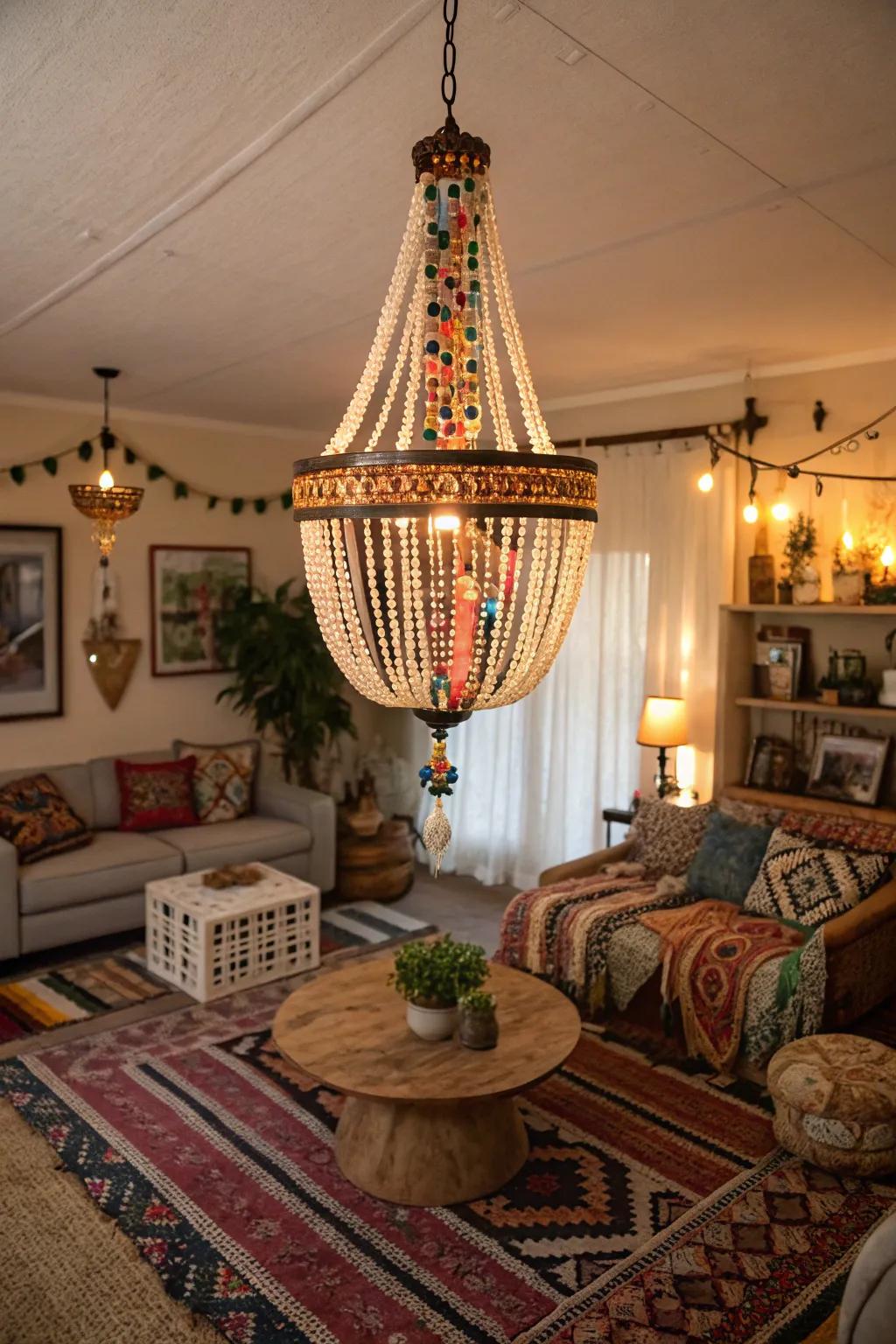 A beaded chandelier serving as a centerpiece in a bohemian living room.