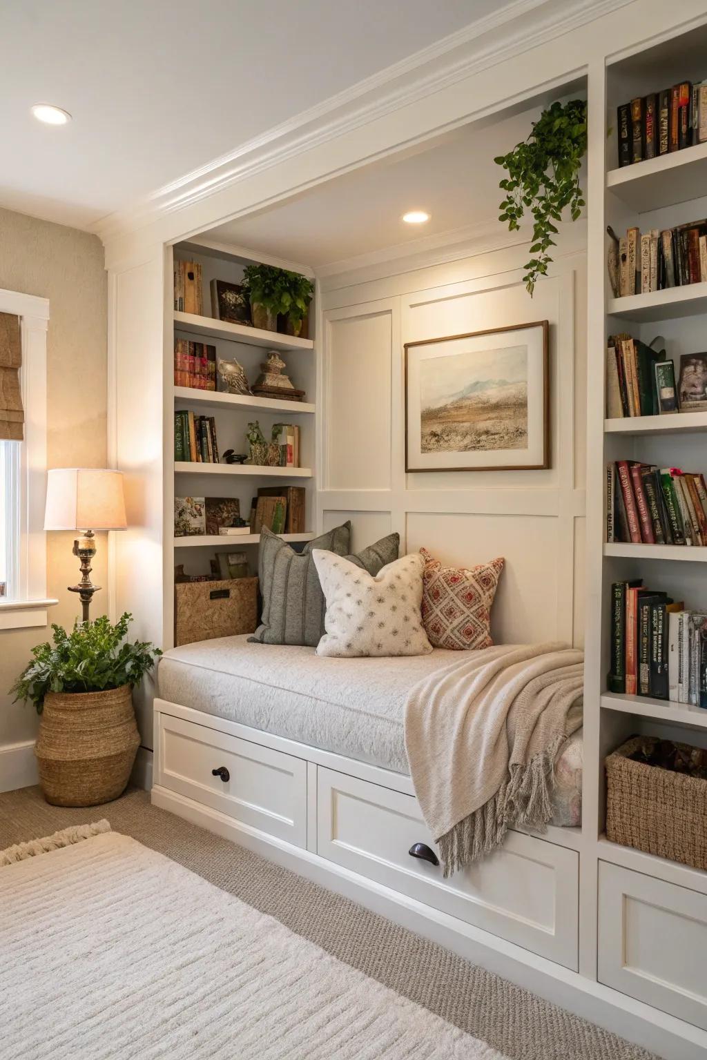 A built-in book nook with a daybed for ultimate reading comfort.