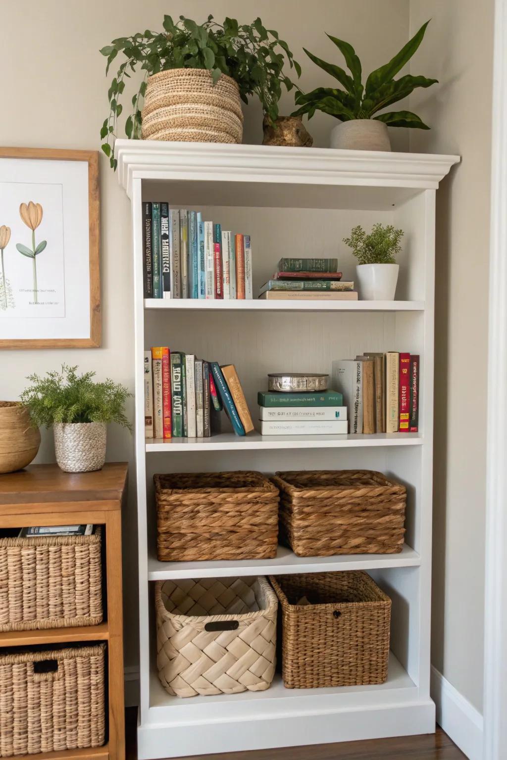 Baskets add both style and storage functionality to a bookshelf.