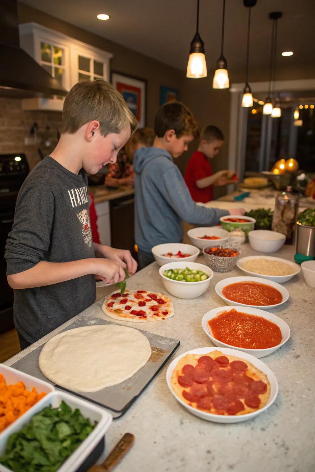 Create personalized pizzas for a delicious sleepover dinner.