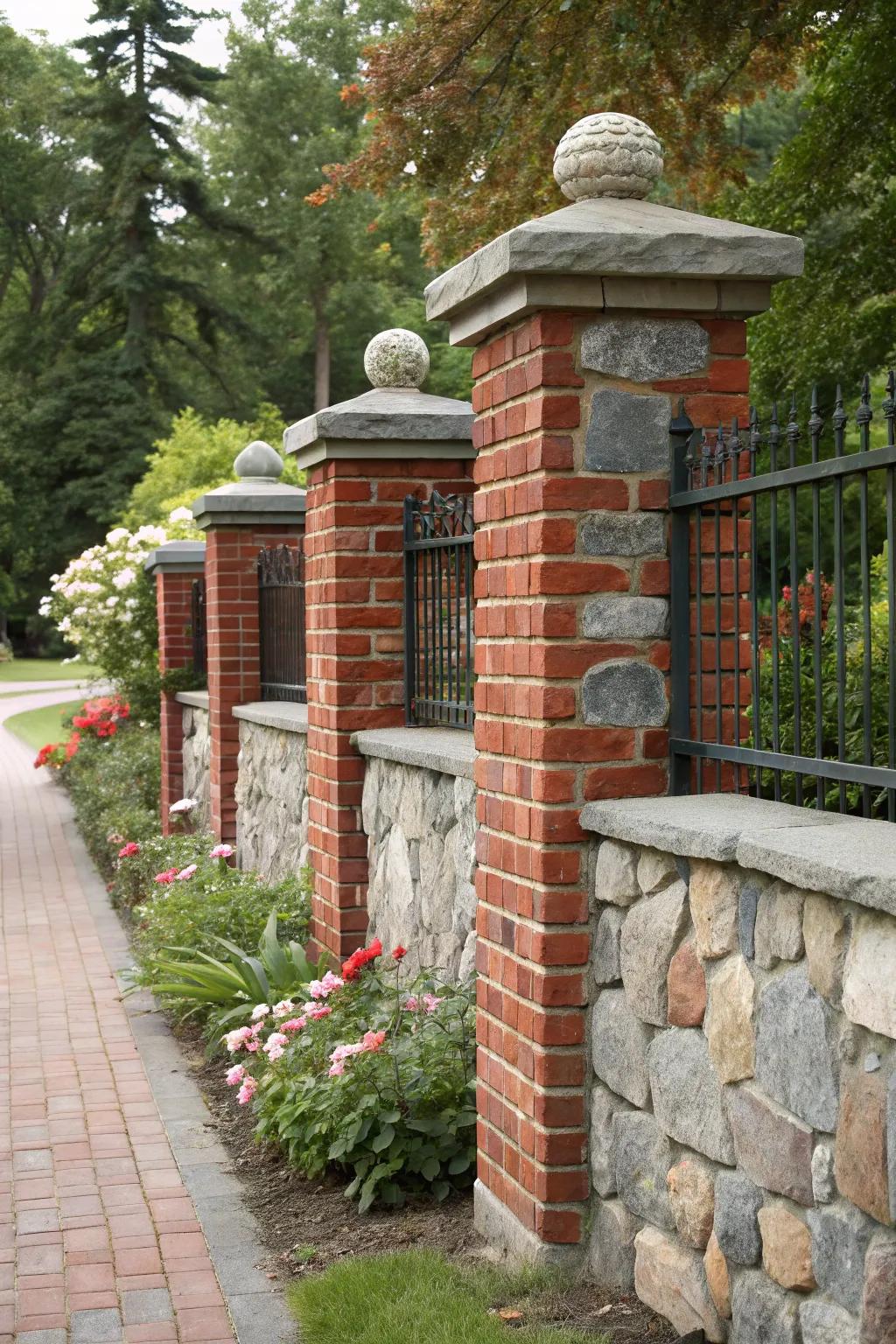 Stone accents add texture and charm to this brick fence.