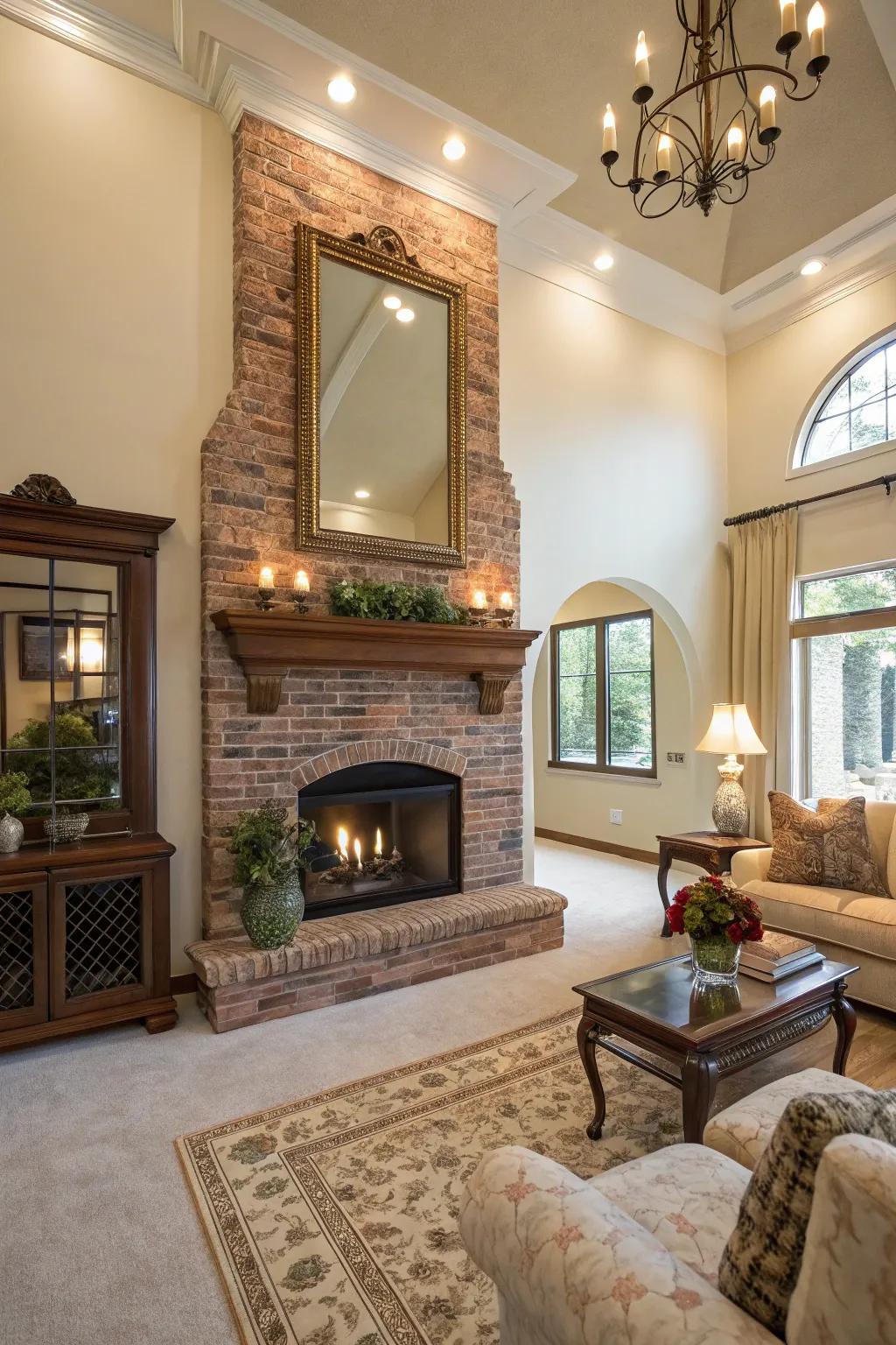 A large mirror above the fireplace adds elegance and depth.