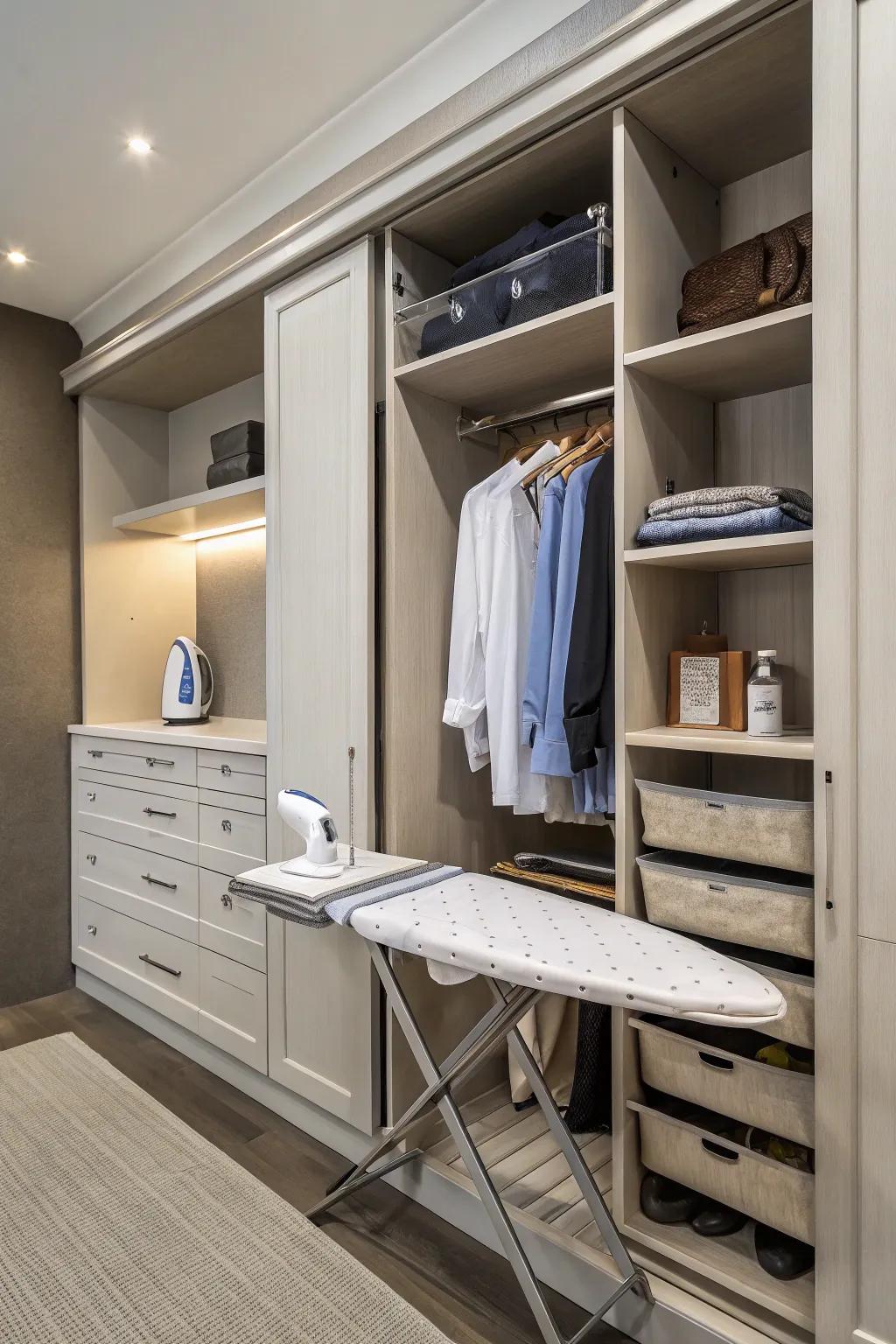 A pull-out ironing board offers convenience and space-saving.