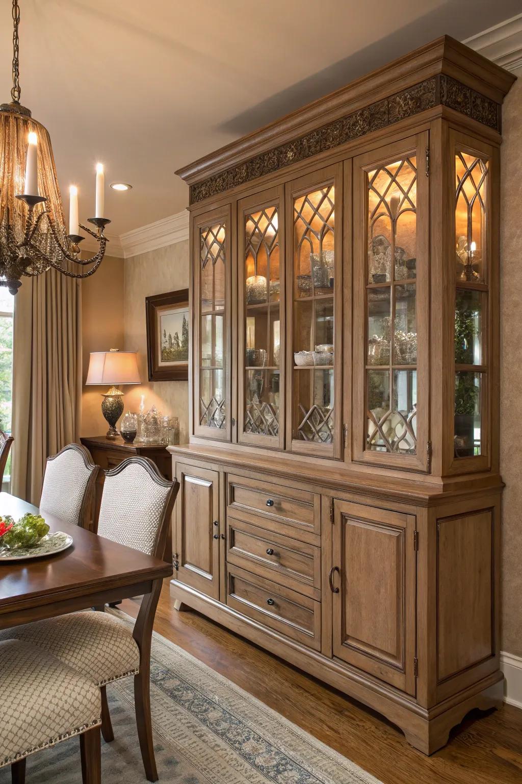 Decorative hardware on dining room cabinets adds charm and character.