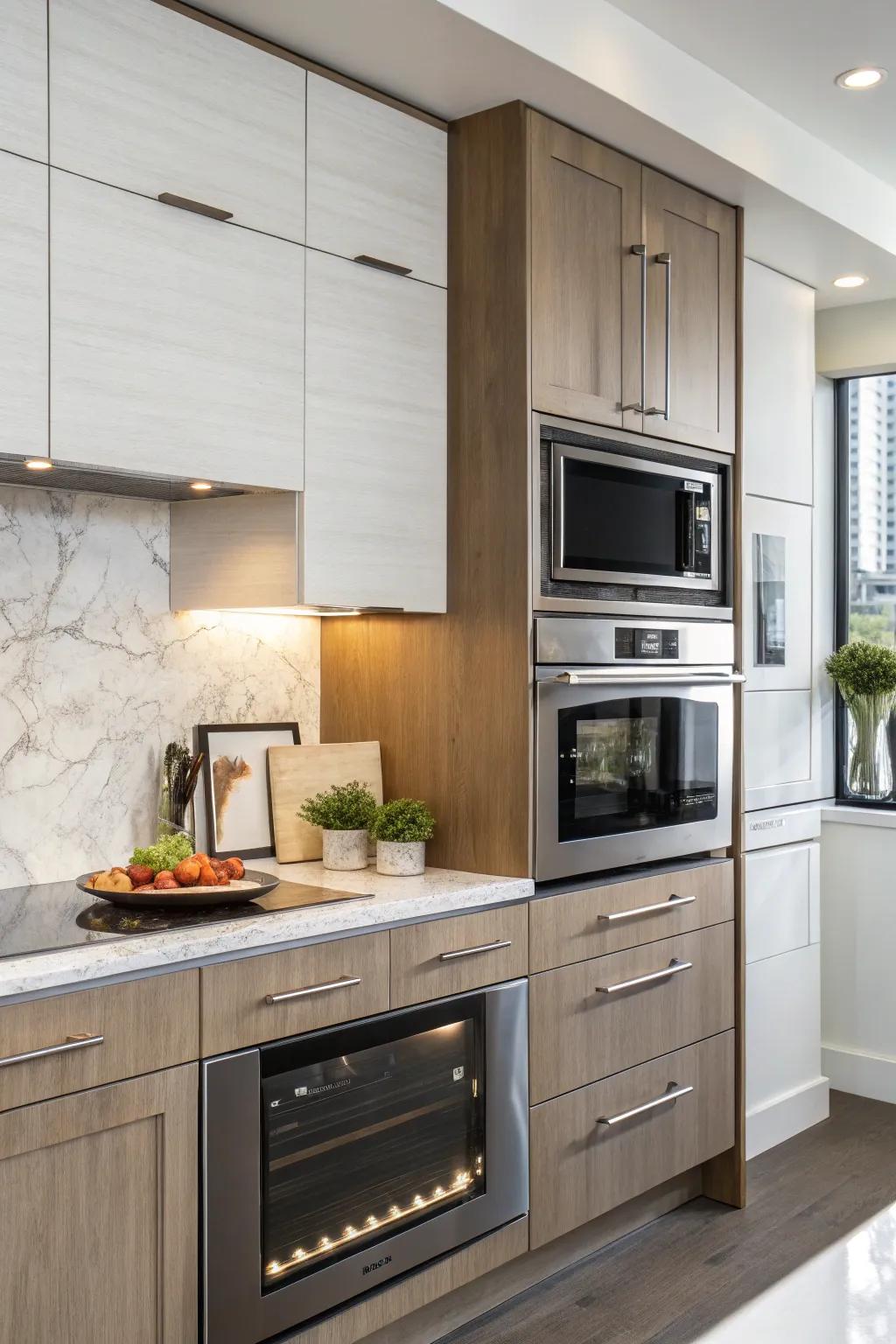 A wall-mounted microwave integrated with overhead cabinetry.