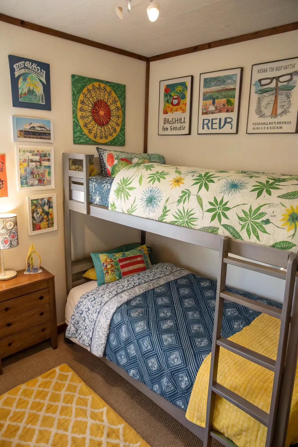 Personalized bunk room with unique bedding and artwork.