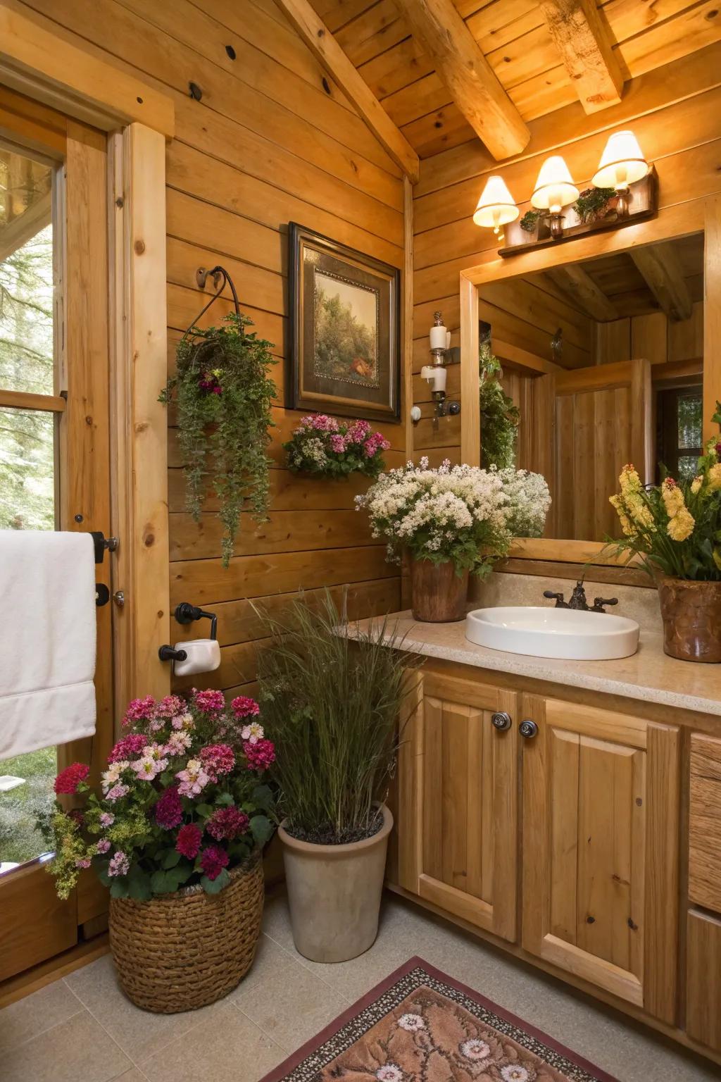 Natural decor brings life and freshness to a cabin bathroom.