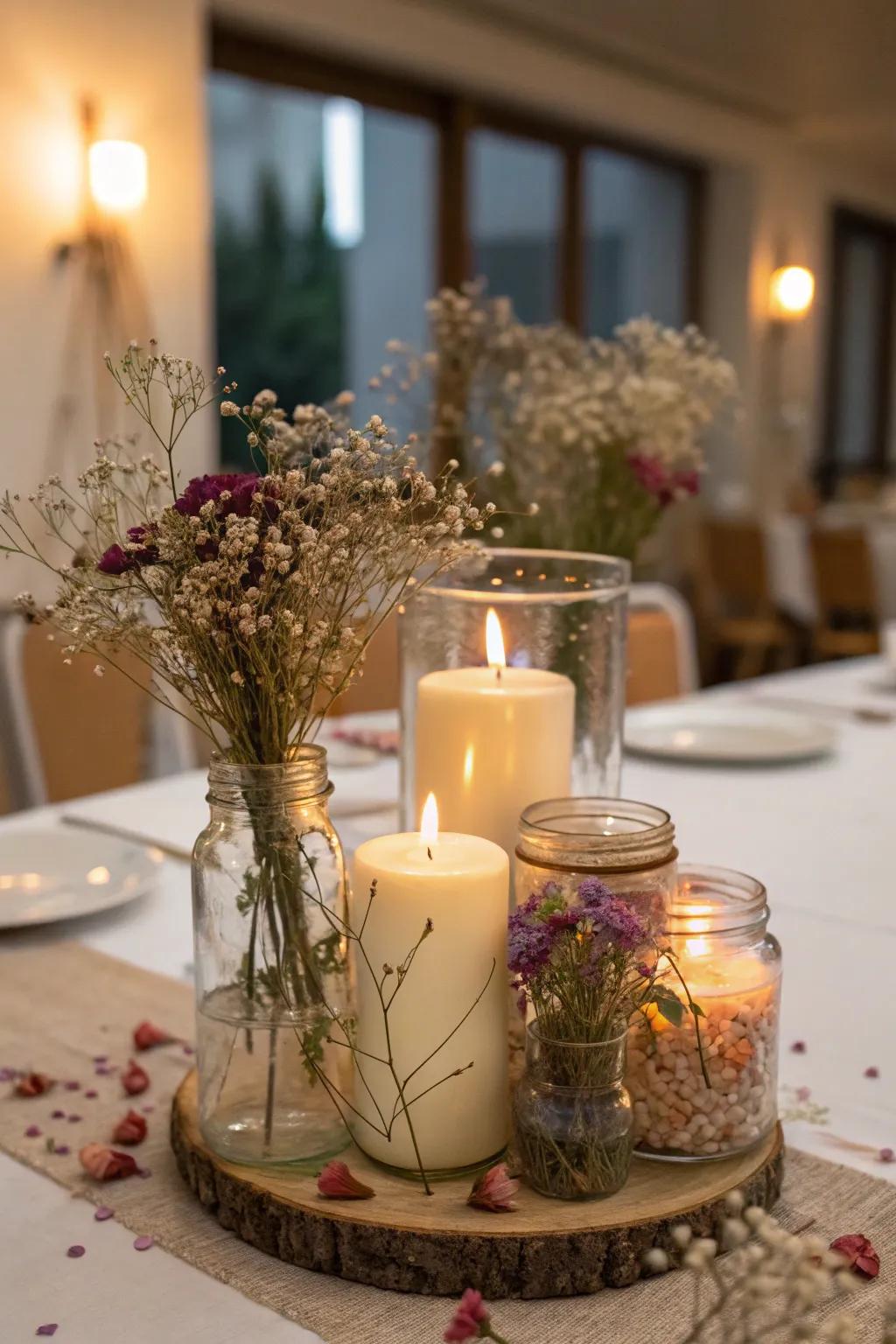 Enchanting candle jars with dried flowers.