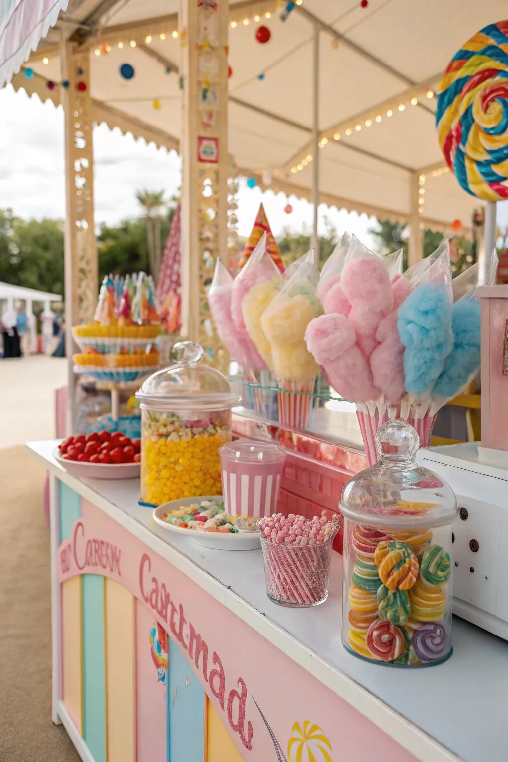 Festive carnival candy bar with vibrant colors and classic treats.