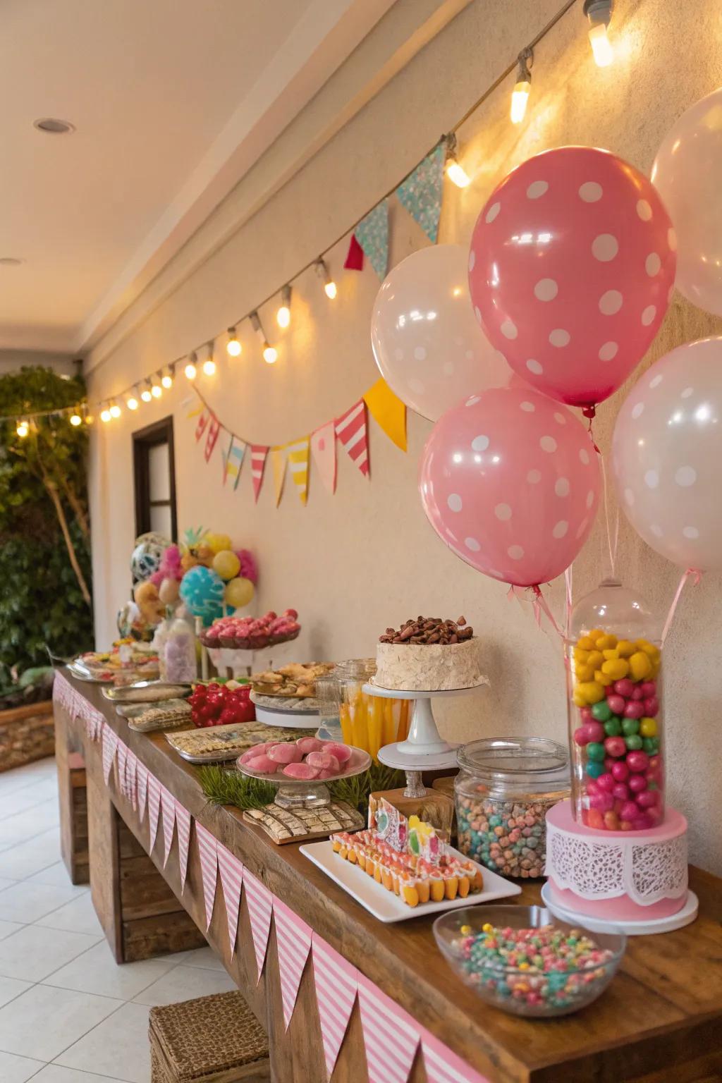 Banners and balloons that add flair to the candy table