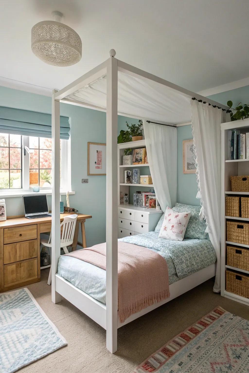 Compact furniture paired with a canopy bed maximizes space.