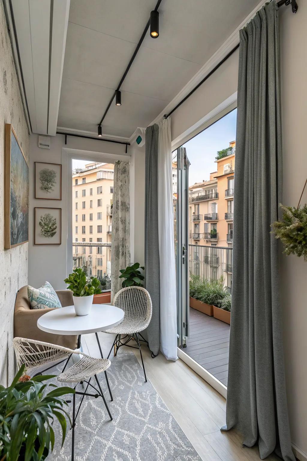 Ceiling-mounted curtains creating a height illusion