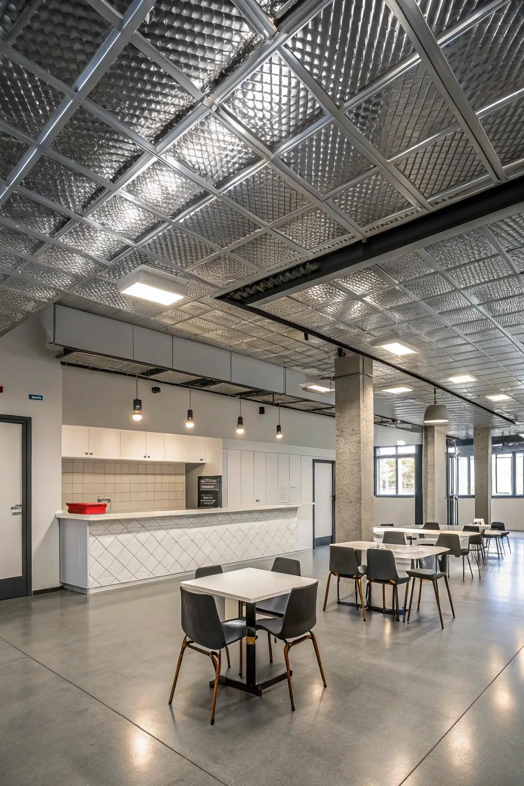 A modern space with metallic ceiling tiles for an industrial vibe.