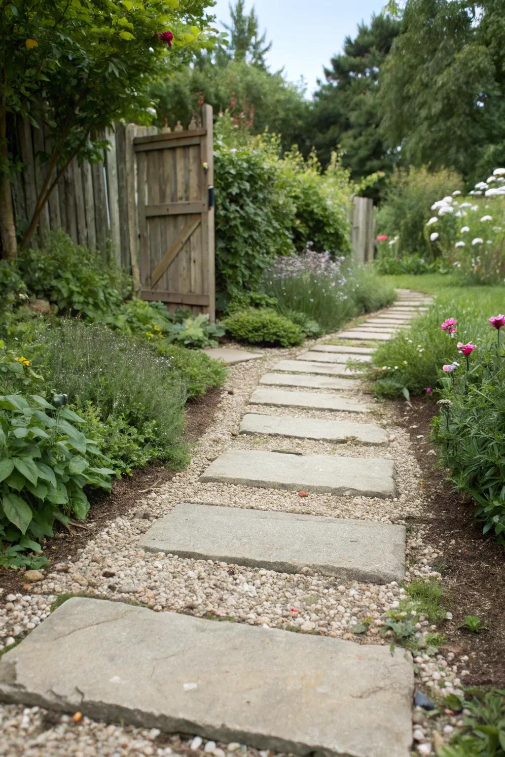 A textured interplay of cement and gravel for a unique garden walkway.