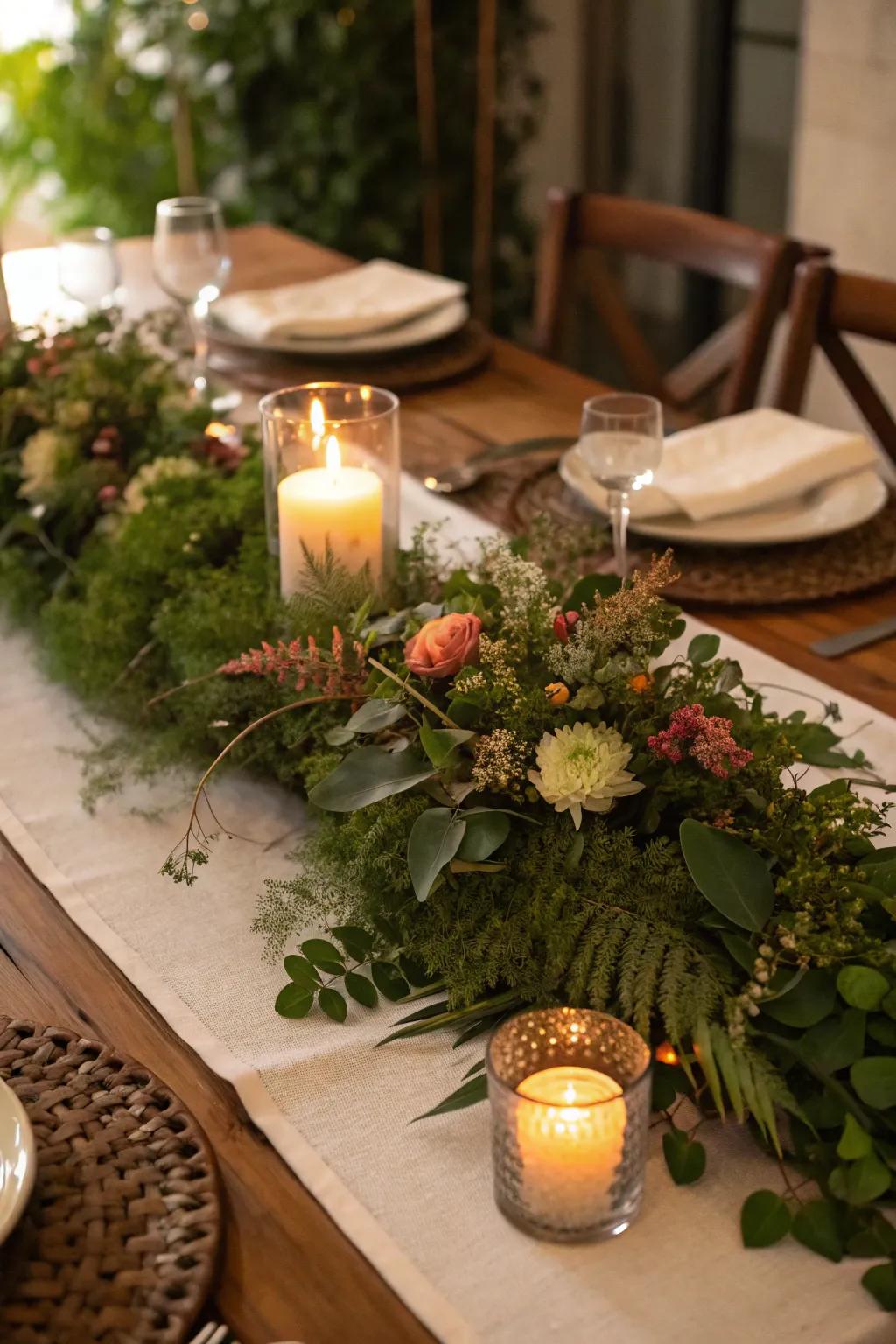 Vibrant and natural with greenery as a centerpiece base.