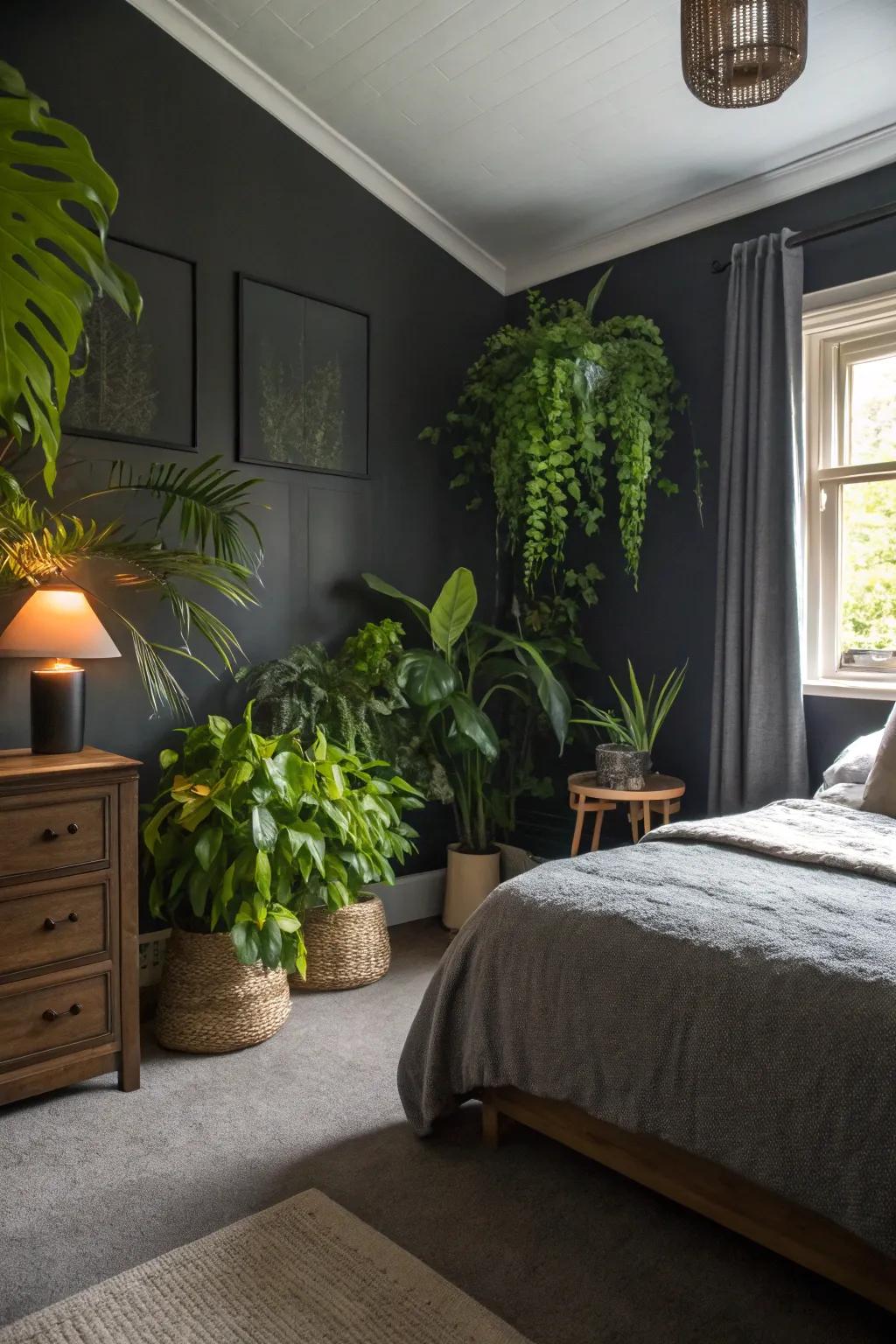 Greenery provides a fresh contrast to charcoal interiors.