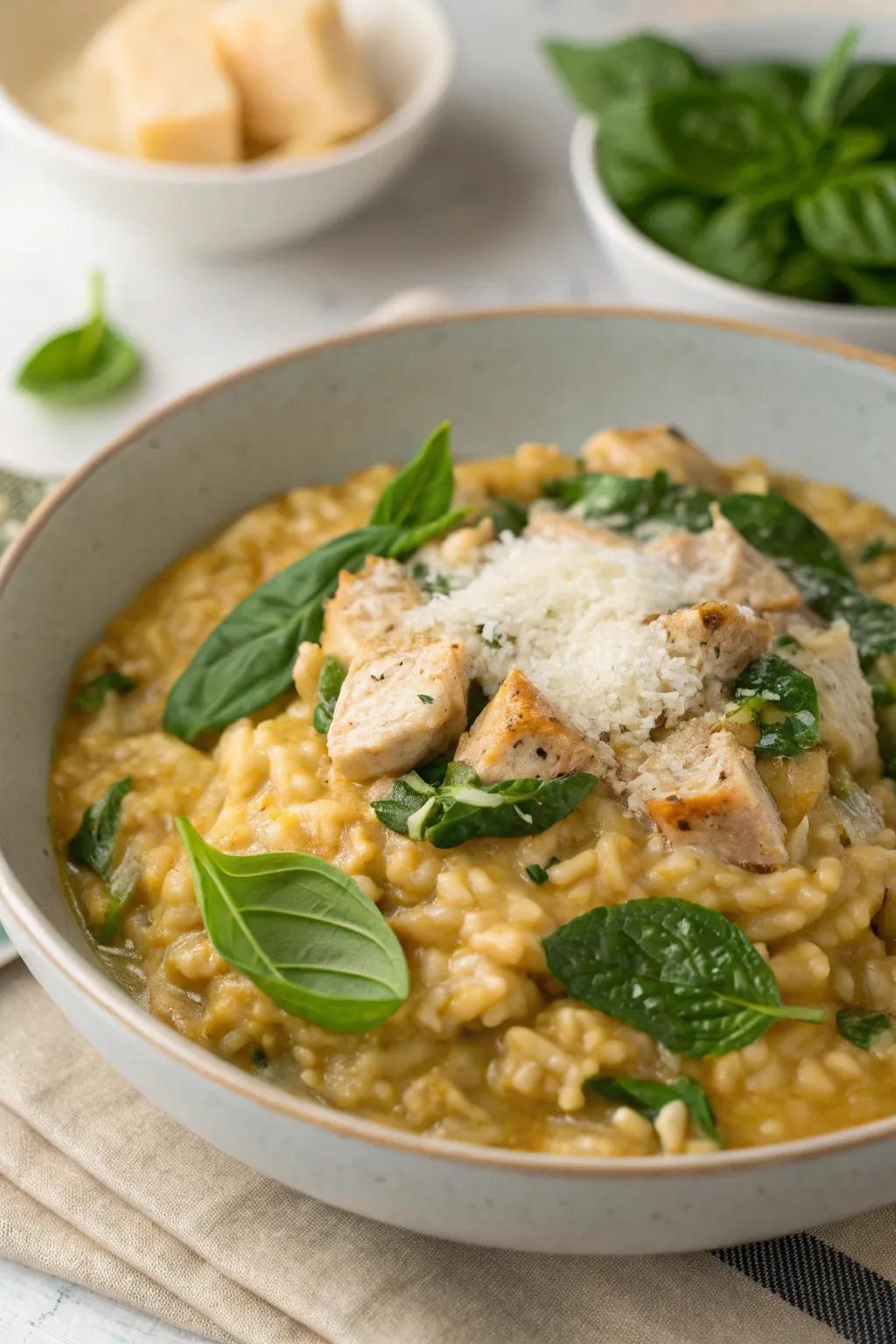 Chicken and spinach risotto, a rich and creamy delight.