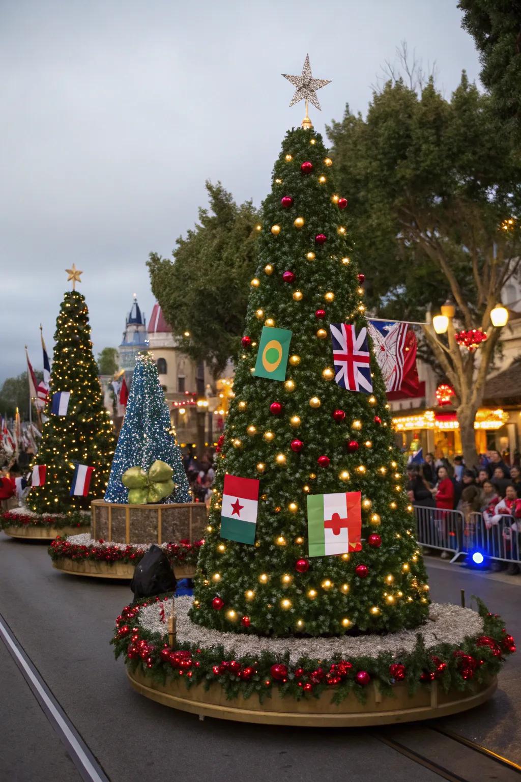 Cultural Christmas Trees float with globally themed decorations.