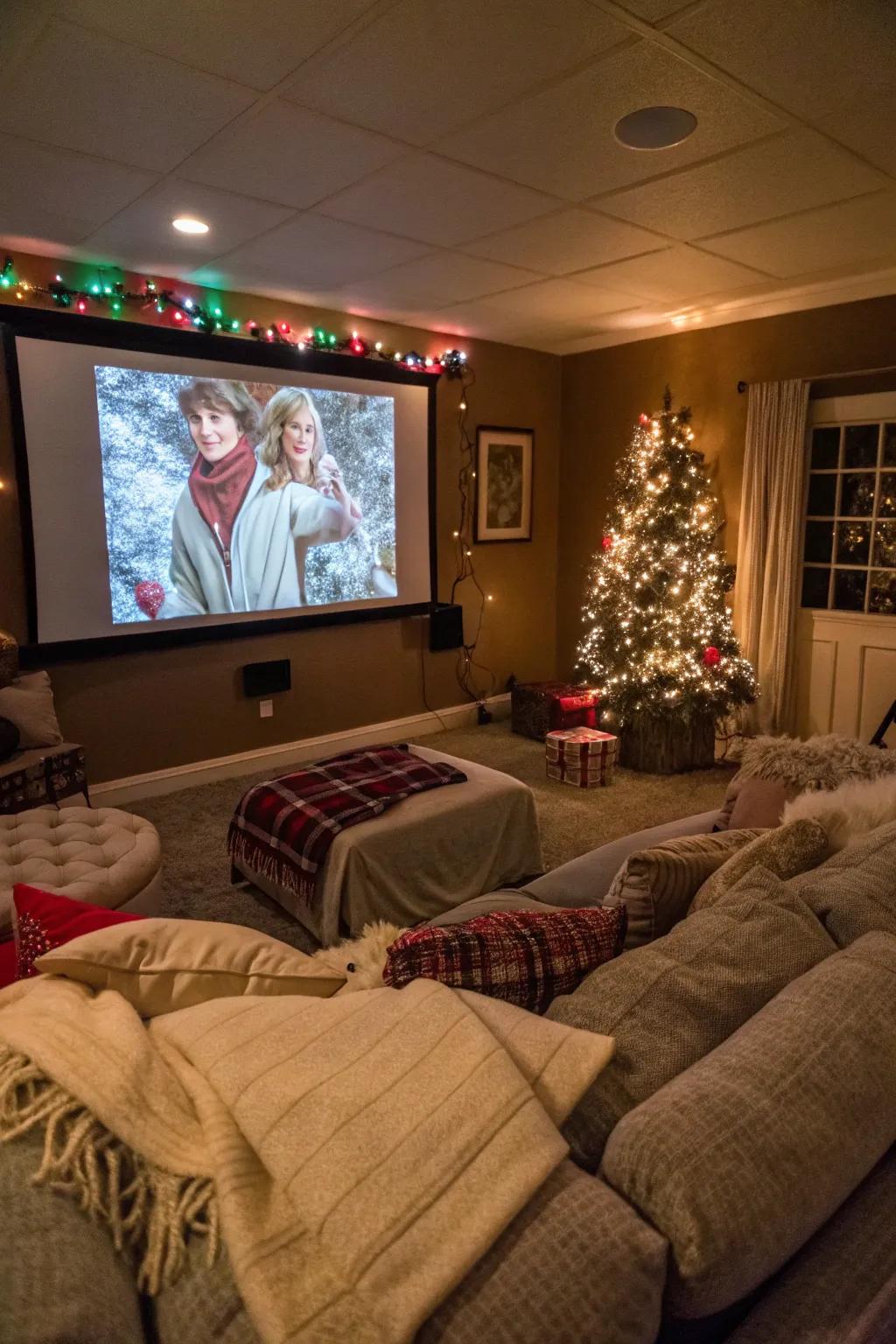 Set up a cozy space for a festive movie marathon.