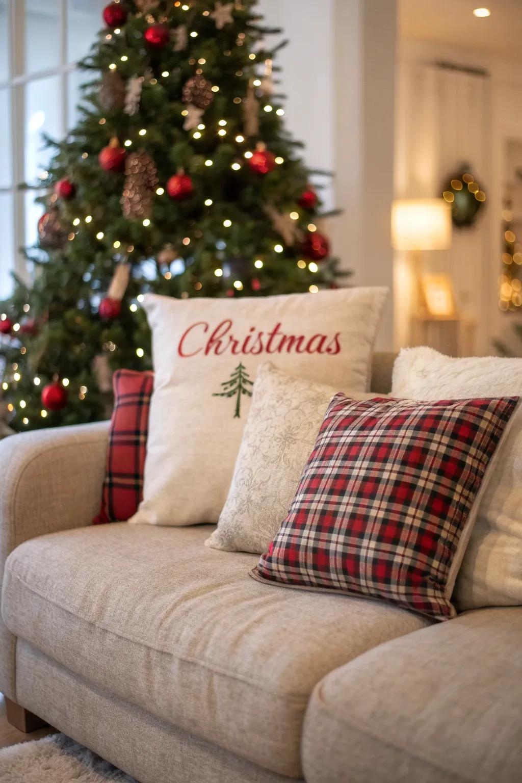 Text-embellished pillows spreading festive cheer.