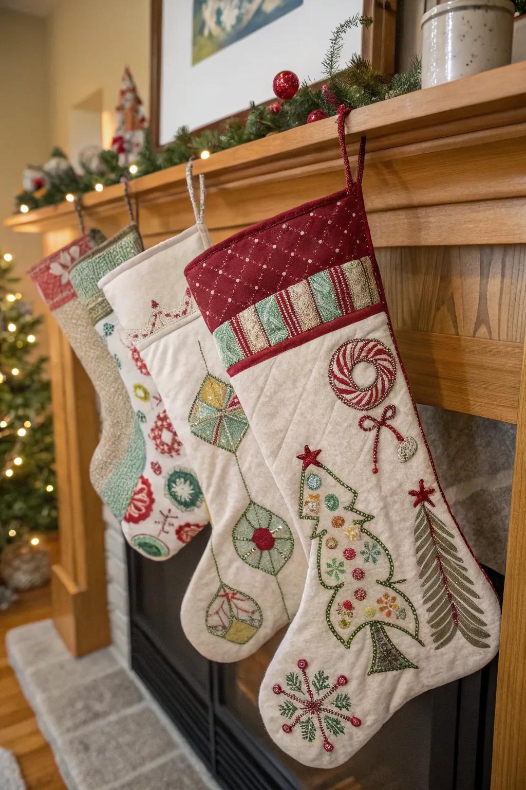 DIY handcrafted elements make each stocking a unique masterpiece.
