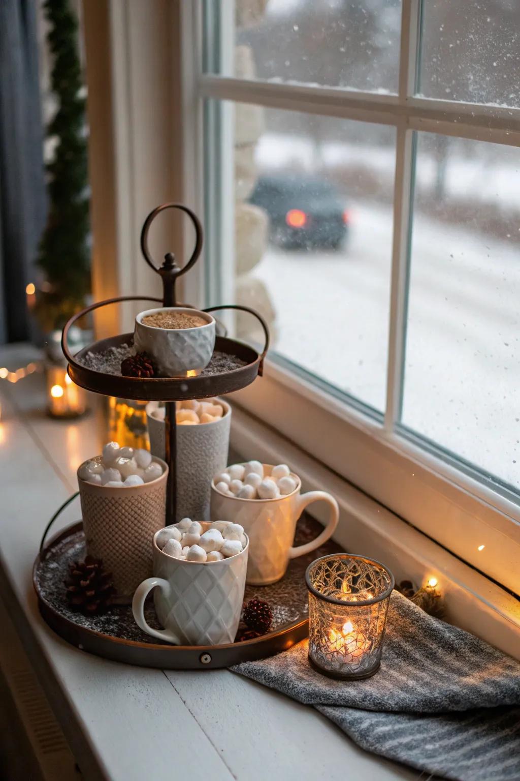 A warm and inviting hot cocoa haven on a tiered tray.