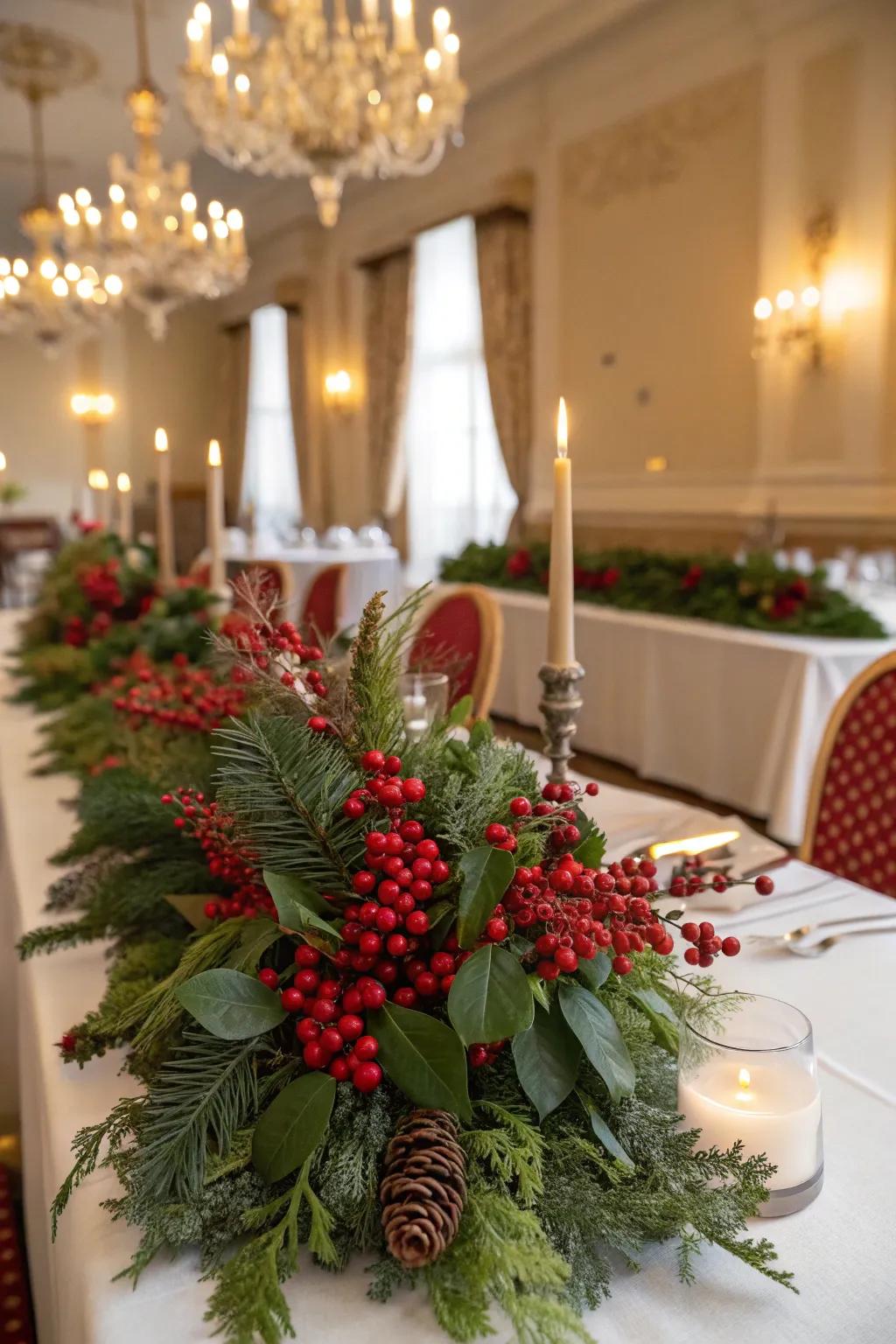 Vibrant red berries make centerpieces pop.