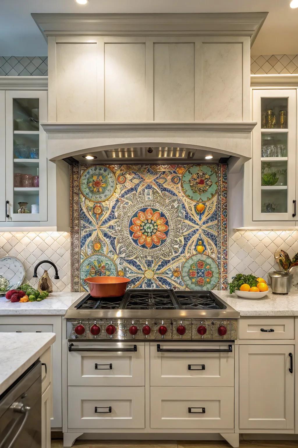 A mosaic backsplash creates a stunning focal point in this kitchen.