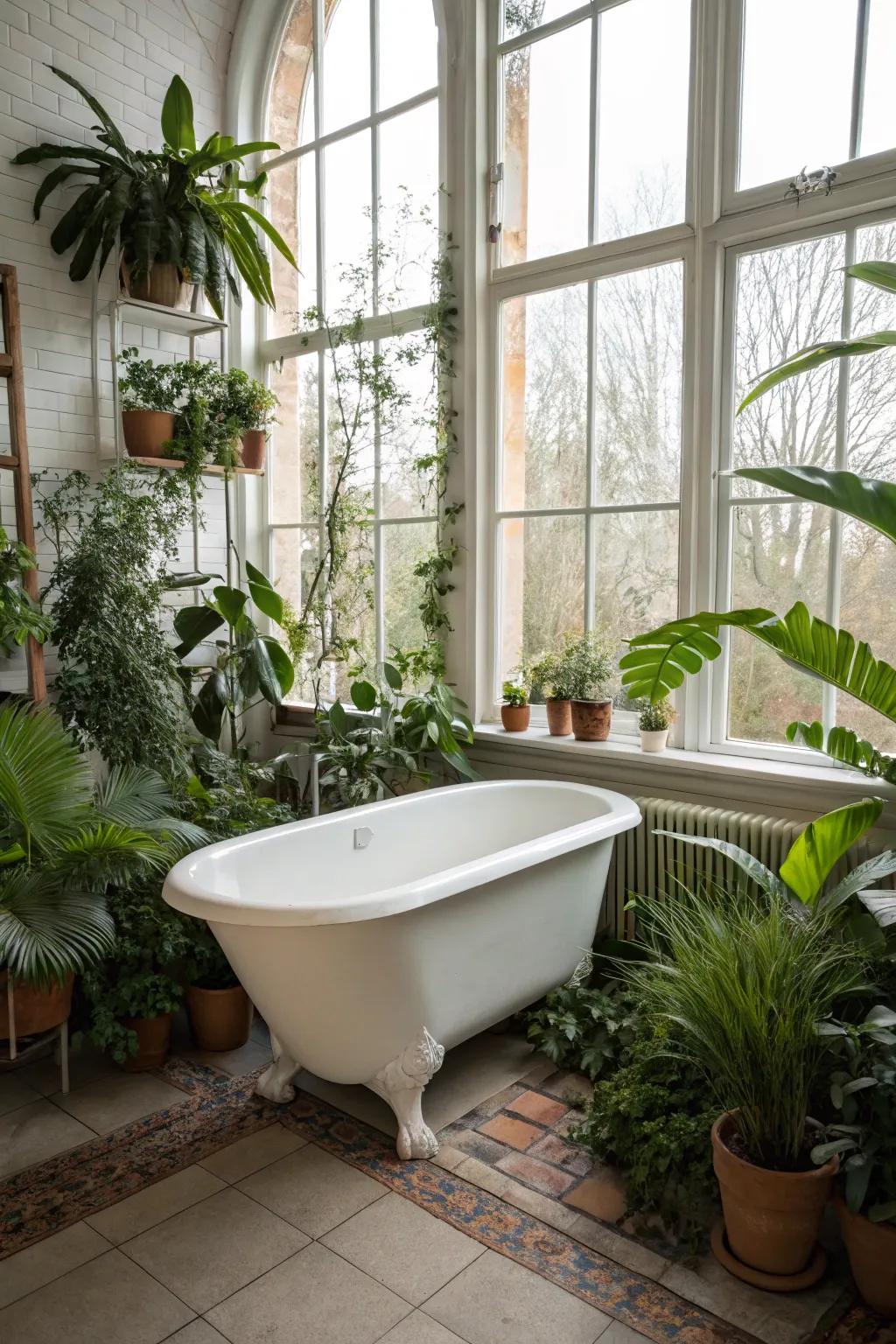 A bathroom oasis where greenery and light enhance tranquility.