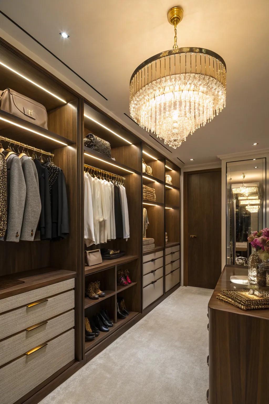 Elegant lighting elevates the closet's ambiance and functionality.