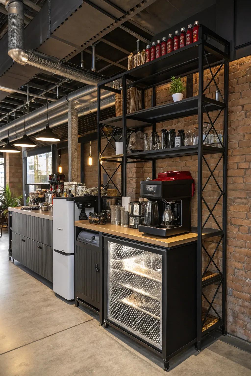 Industrial vibes with a modern coffee bar setup.