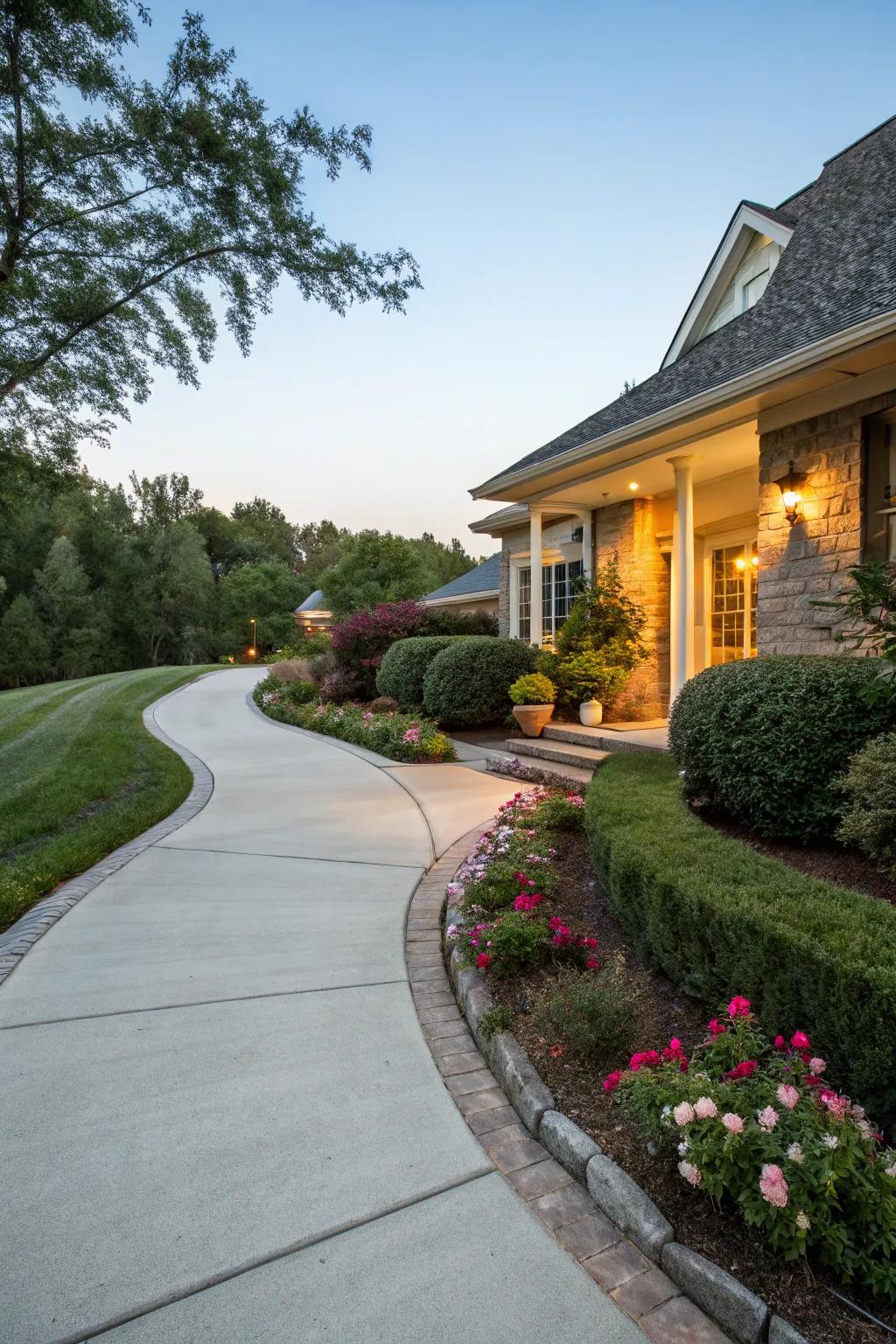 A curved driveway design that adds elegance and flow.