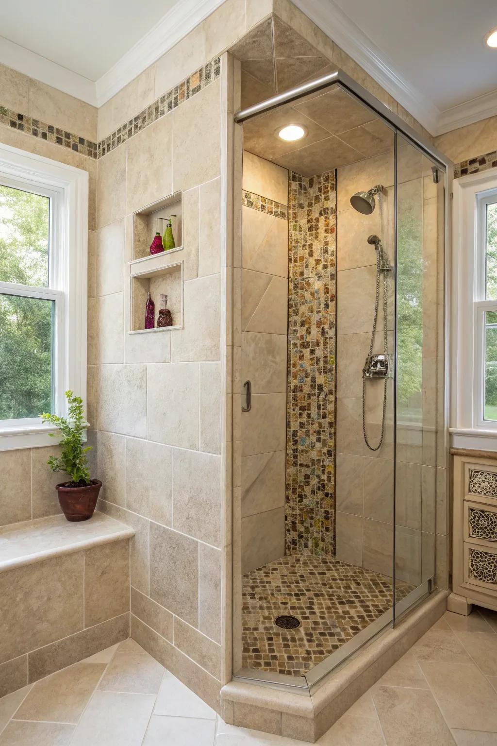 Mosaic tiles provide an artistic touch to your shower space.