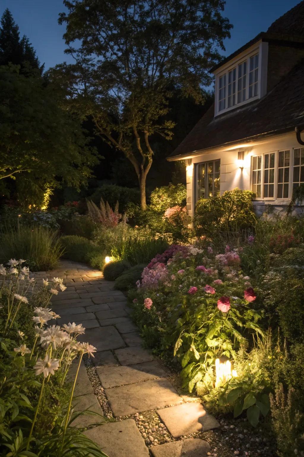 A cottage garden aglow with strategic lighting.