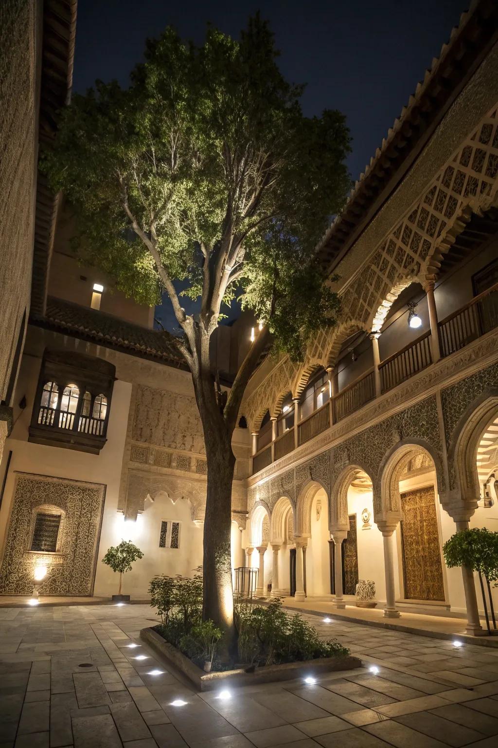 Spotlights highlight the tree and architectural details in the courtyard.