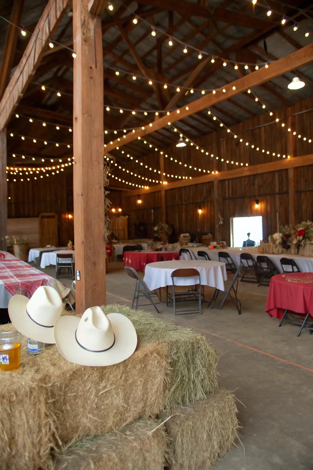 A barn provides the perfect rustic setting for a cowgirl-themed gathering.